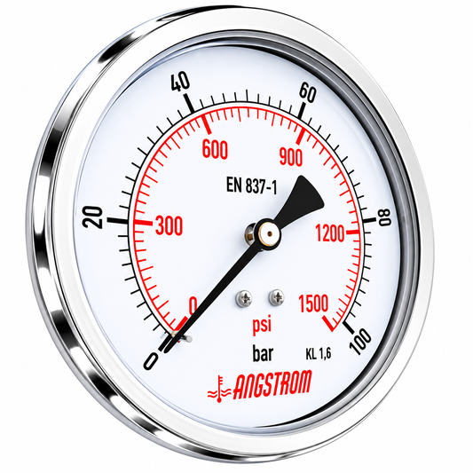 Angstrom compound pressure gauge, dial 100mm, 100 bar center back mount on a white background