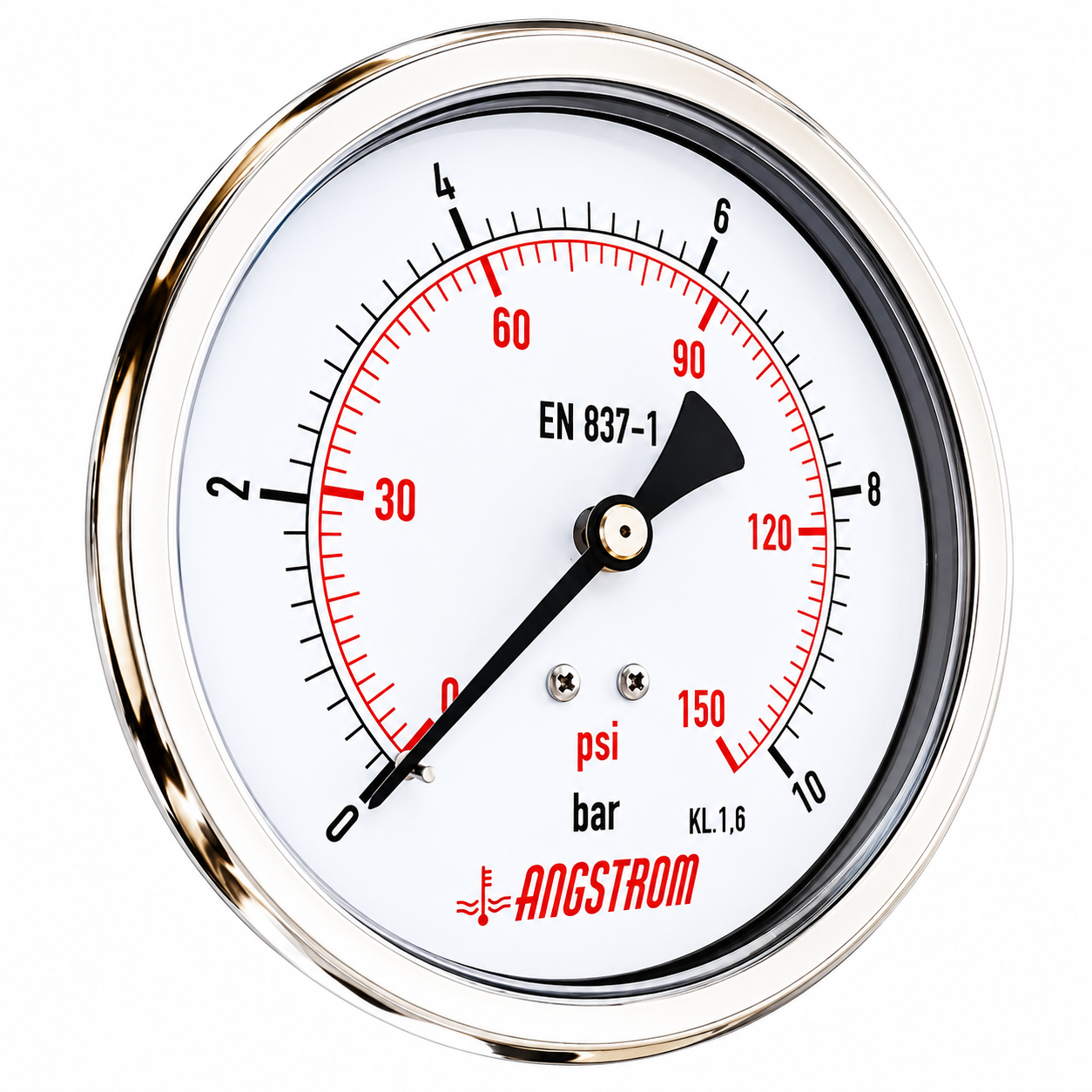 Angstrom compound pressure gauge, dial 100mm, 10 bar center back mount on a white background