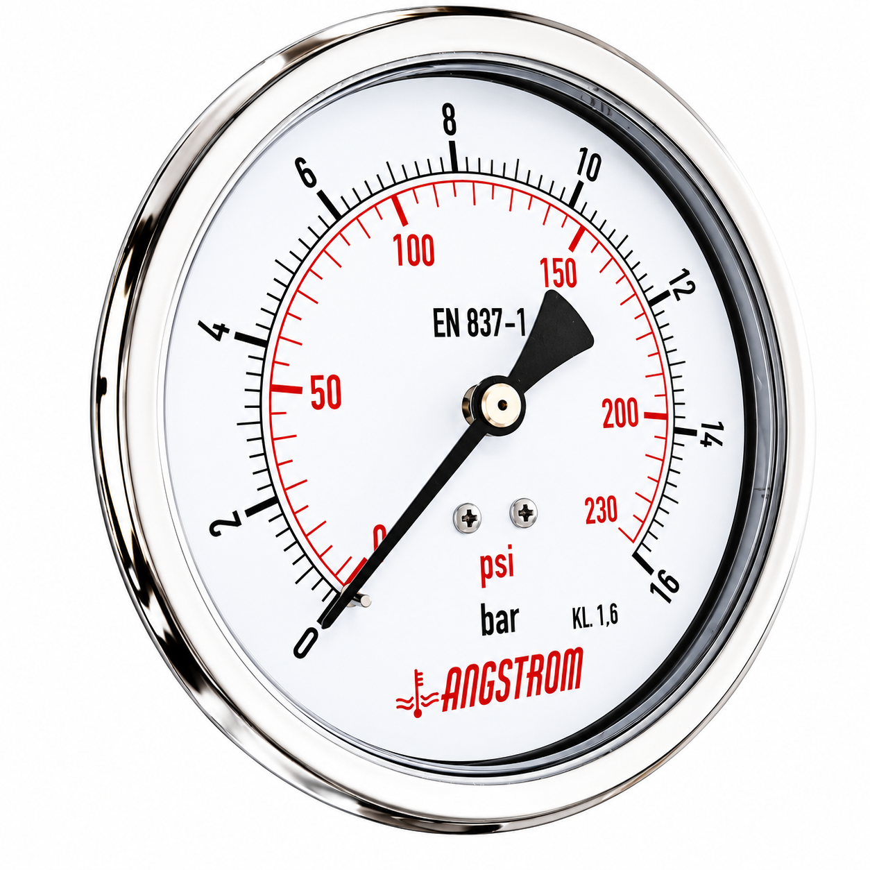 Angstrom compound pressure gauge, dial 100mm, 16 bar center back mount on a white background