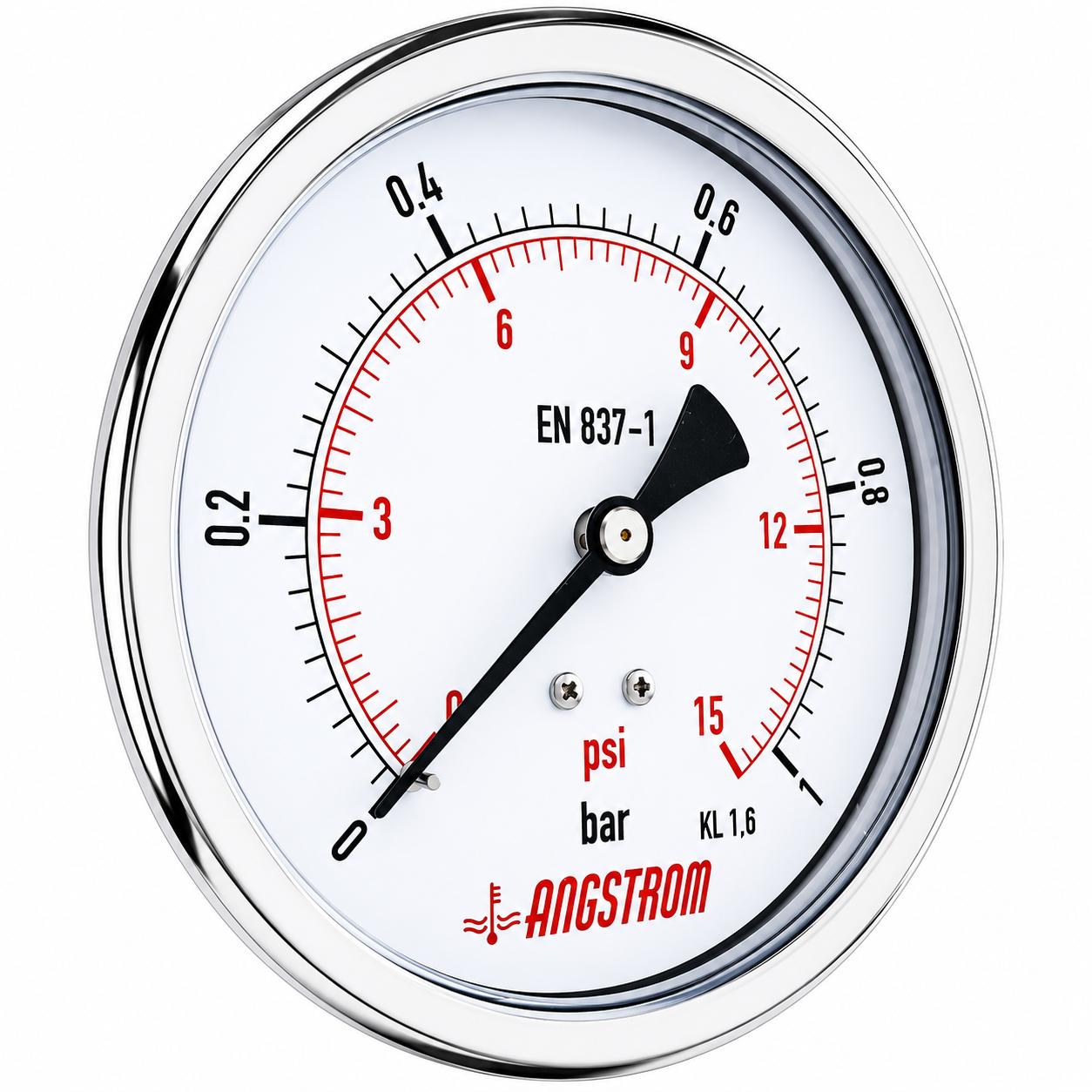 Angstrom compound pressure gauge, dial 100mm, 1 bar center back mount on a white background