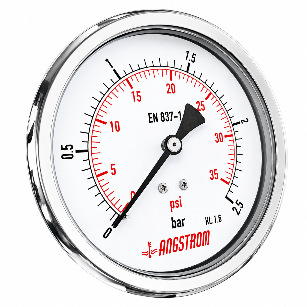 Angstrom compound pressure gauge, dial 100mm, 2.5 bar center back mount on a white background