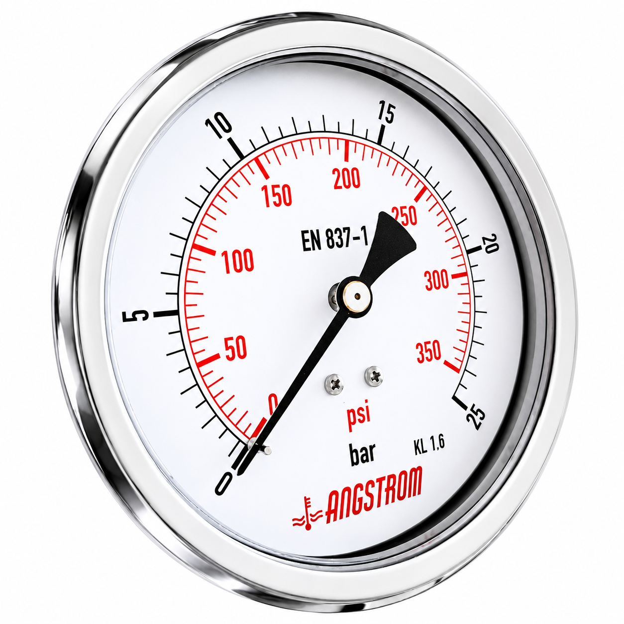 Angstrom compound pressure gauge, dial 100mm, 25 bar center back mount on a white background