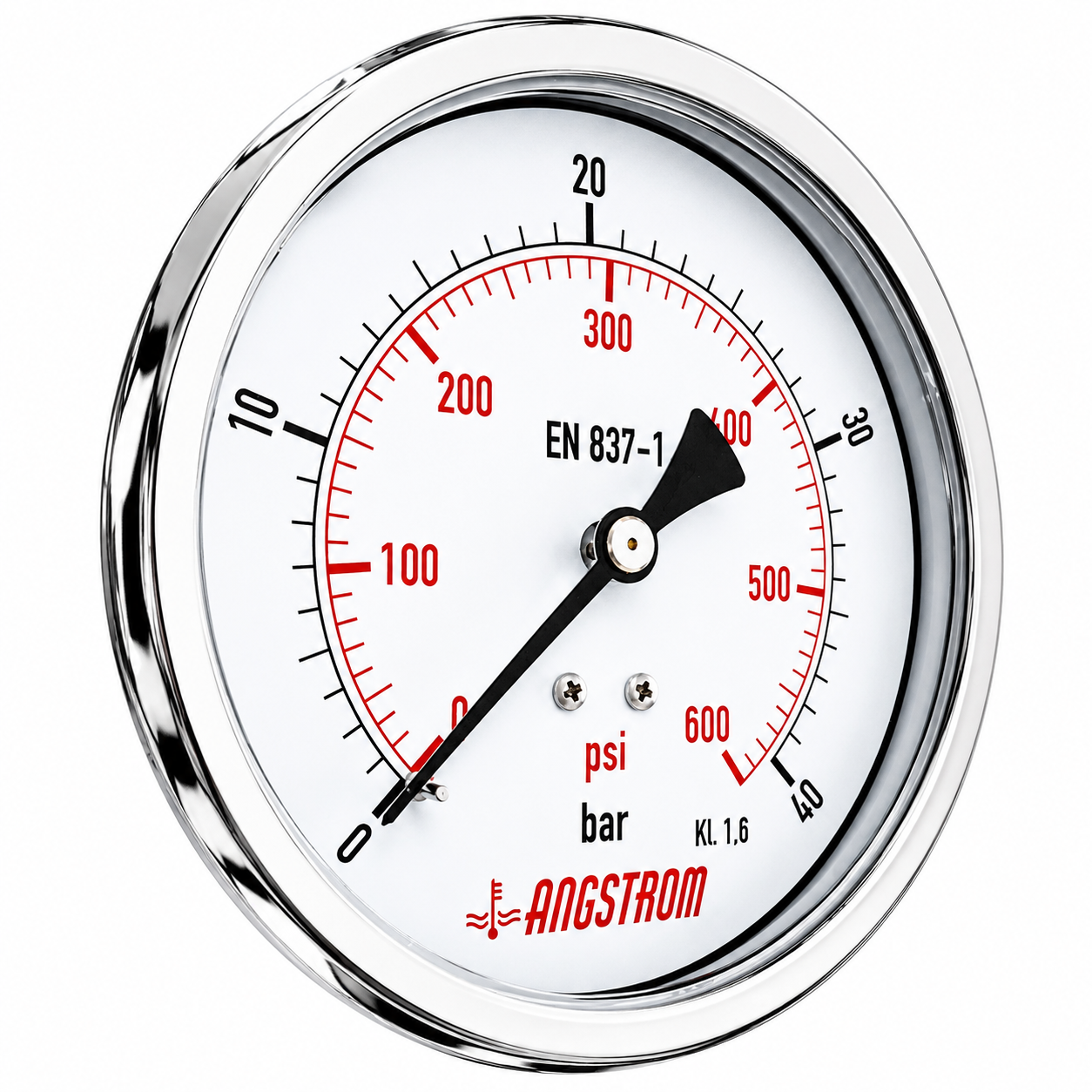 Angstrom compound pressure gauge, dial 100mm, 40 bar center back mount on a white background