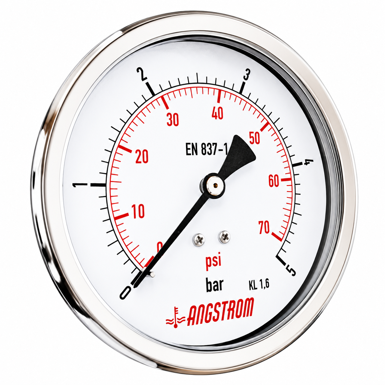Angstrom compound pressure gauge, dial 100mm, 5 bar center back mount on a white background