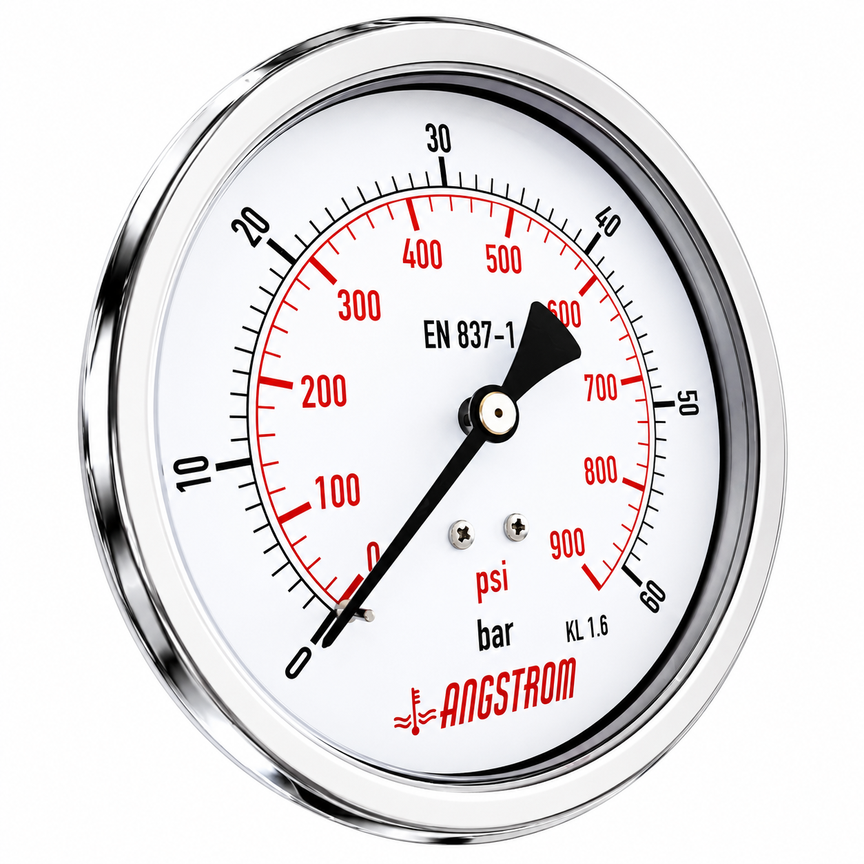 Angstrom compound pressure gauge, dial 100mm, 60 bar center back mount on a white background