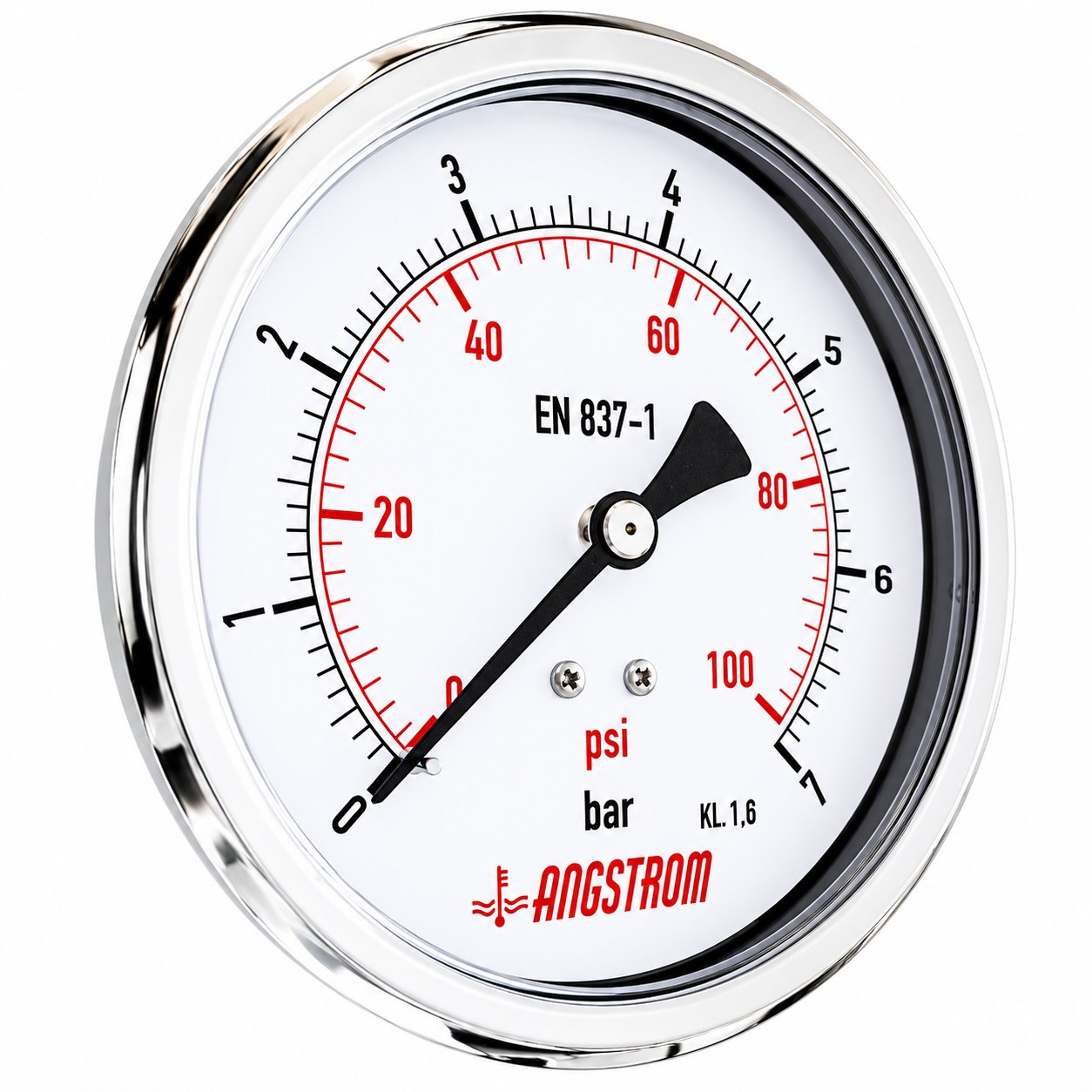 Angstrom compound pressure gauge, dial 100mm, 7 bar center back mount on a white background