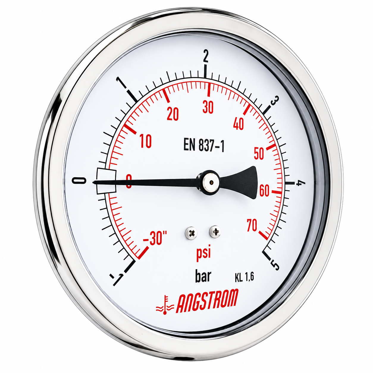 Angstrom compound pressure gauge, dial 100mm, -1 to 5 bar center back mount on a white background