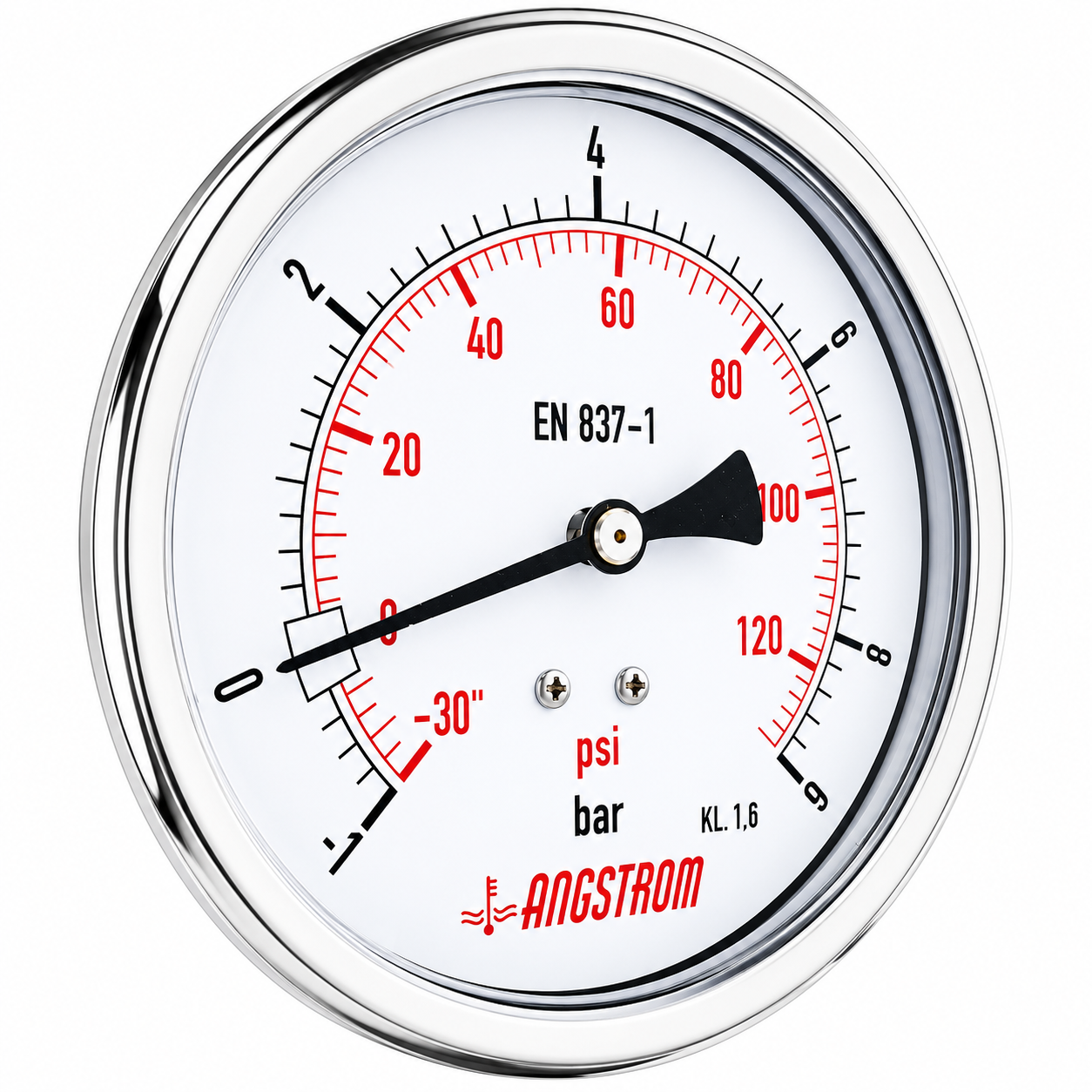 Angstrom compound pressure gauge, dial 100mm, -1 to 9 bar center back mount on a white background