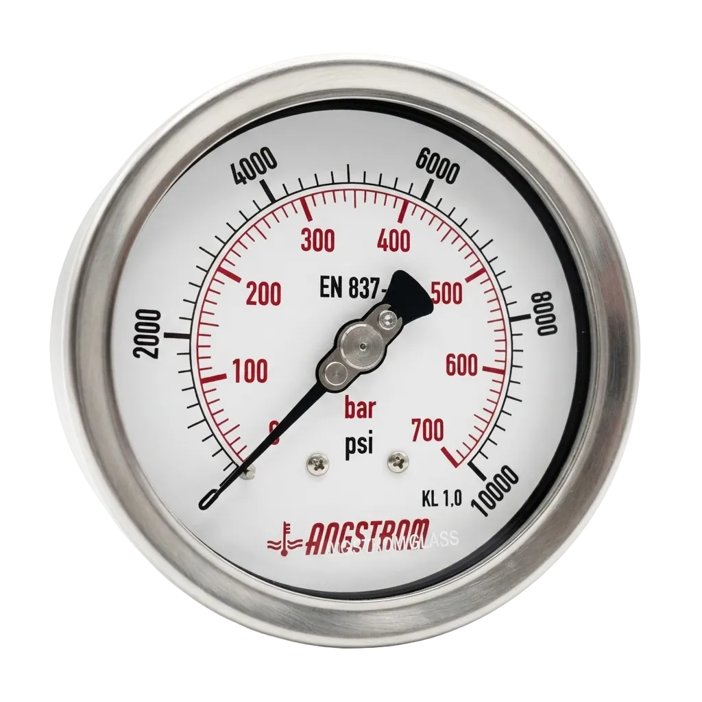 Angstrom Pressure Gauge Dial 100mm Pressure 10,000 psi lower back mount on white background