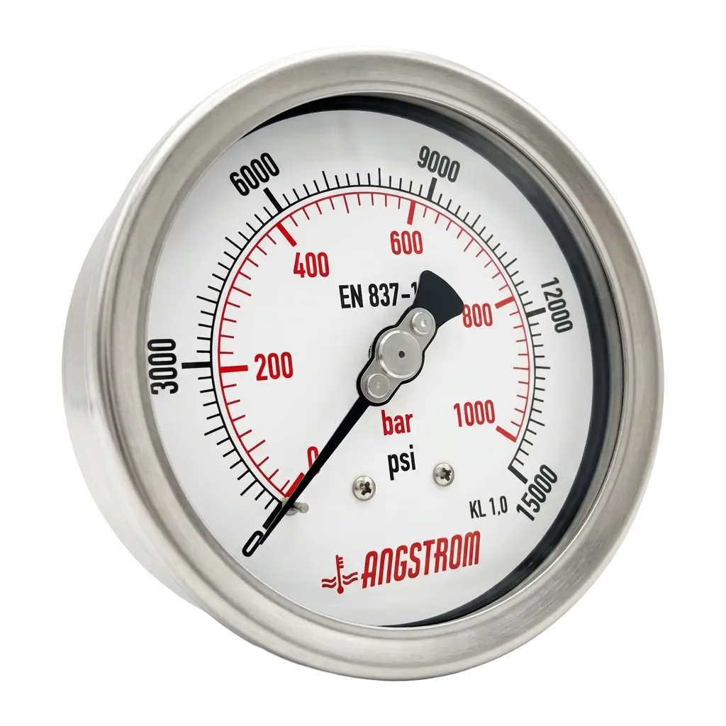 Angstrom Pressure Gauge Dial 100mm Pressure 15,000 psi lower back mount on white background