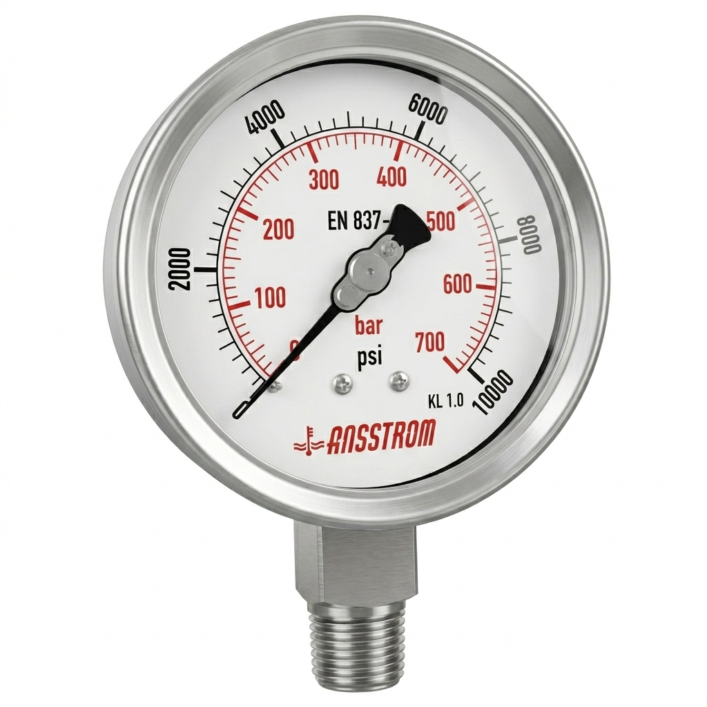 Angstrom Pressure Gauge Dial 100mm Pressure 10,000 psi lower mount on white background