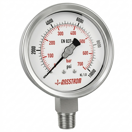 Angstrom Pressure Gauge Dial 100mm Pressure 10,000 psi lower mount on white background