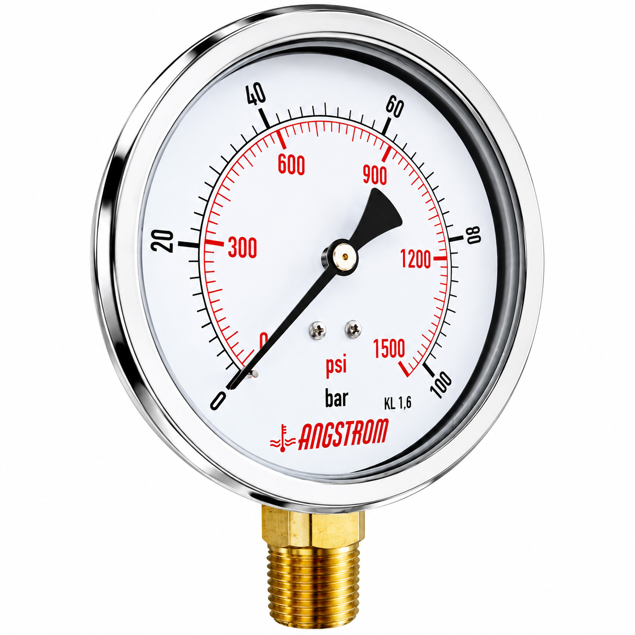 Angstrom pressure gauge, dial 100mm, lower mount, 100 bar on white background 