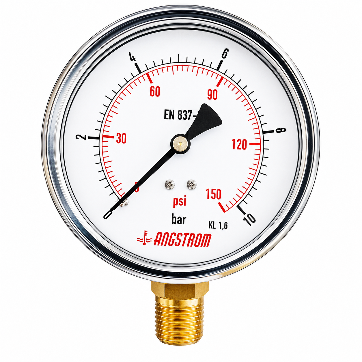 Angstrom pressure gauge, dial 100mm, lower mount, 10 bar on white background 
