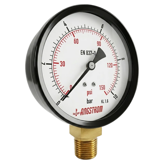 Angstrom Pressure Gauge Dial 100mm Pressure 10 bar Lower Mount Black Steel  on white background