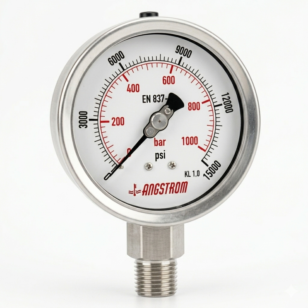 Angstrom Pressure Gauge Dial 100mm Pressure 15,000 psi lower mount on white background