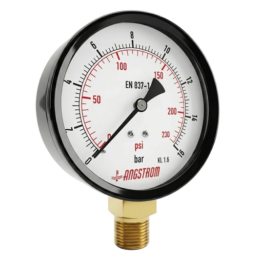Angstrom Pressure Gauge Dial 100mm Pressure 16 bar Lower Mount Black Steel  on white background