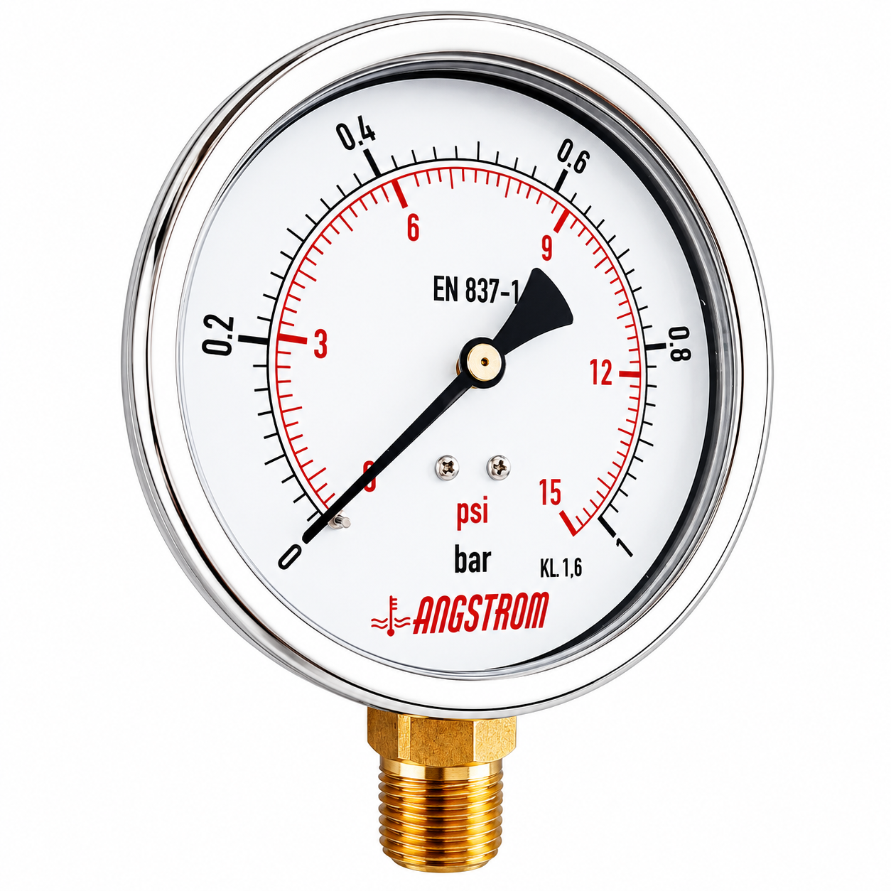 Angstrom pressure gauge, dial 100mm, lower mount, 1 bar on white background 