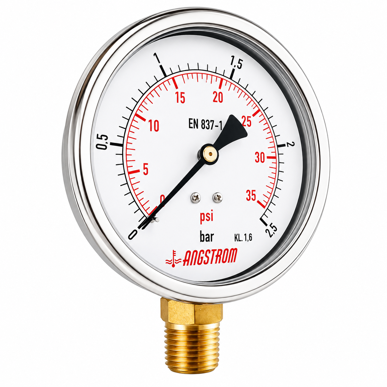 Angstrom pressure gauge, dial 100mm, lower mount, 2.5 bar on white background 