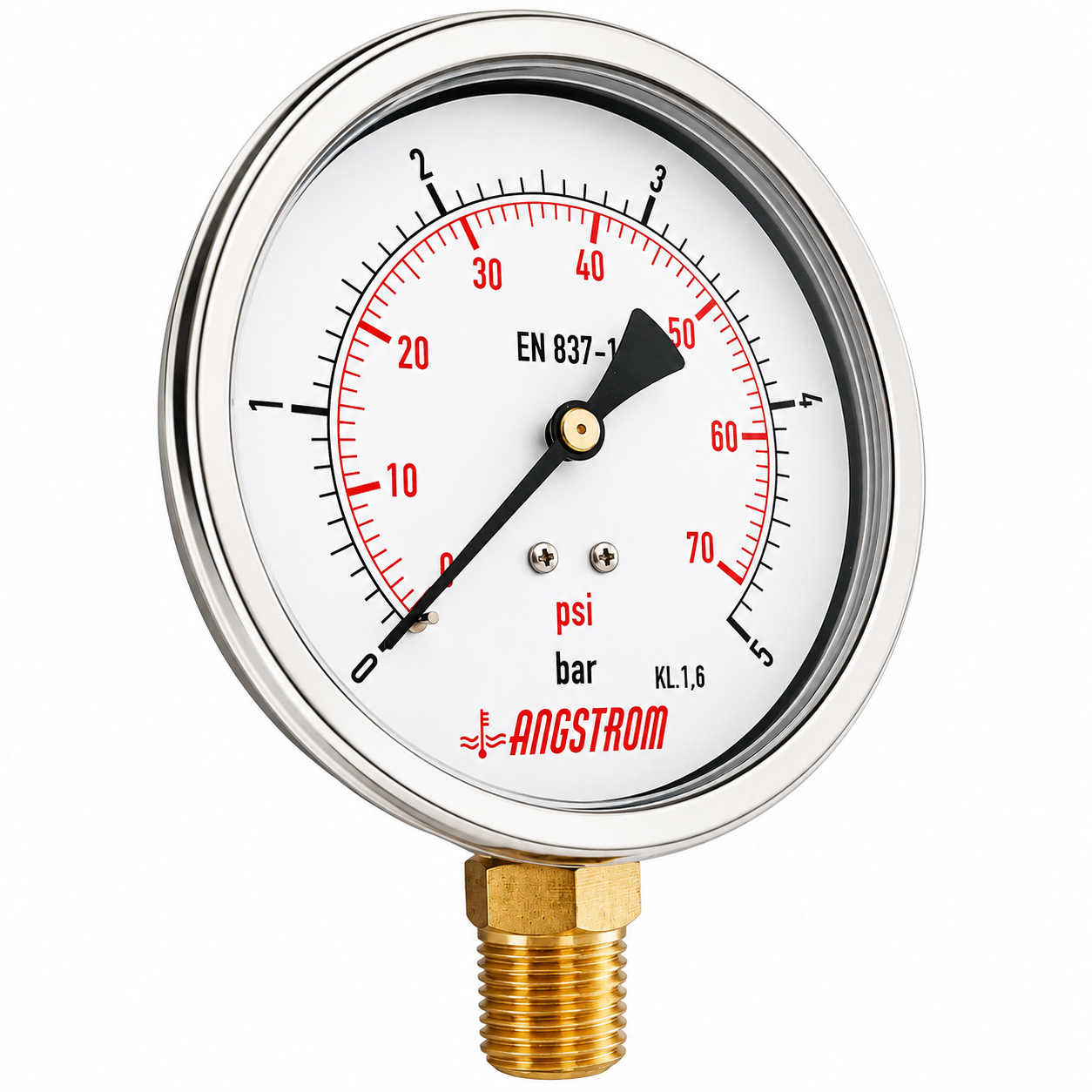 Angstrom pressure gauge, dial 100mm, lower mount, 5 bar on white background 
