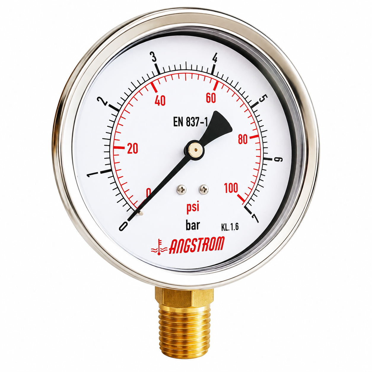 Angstrom pressure gauge, dial 100mm, lower mount, 7 bar on white background 