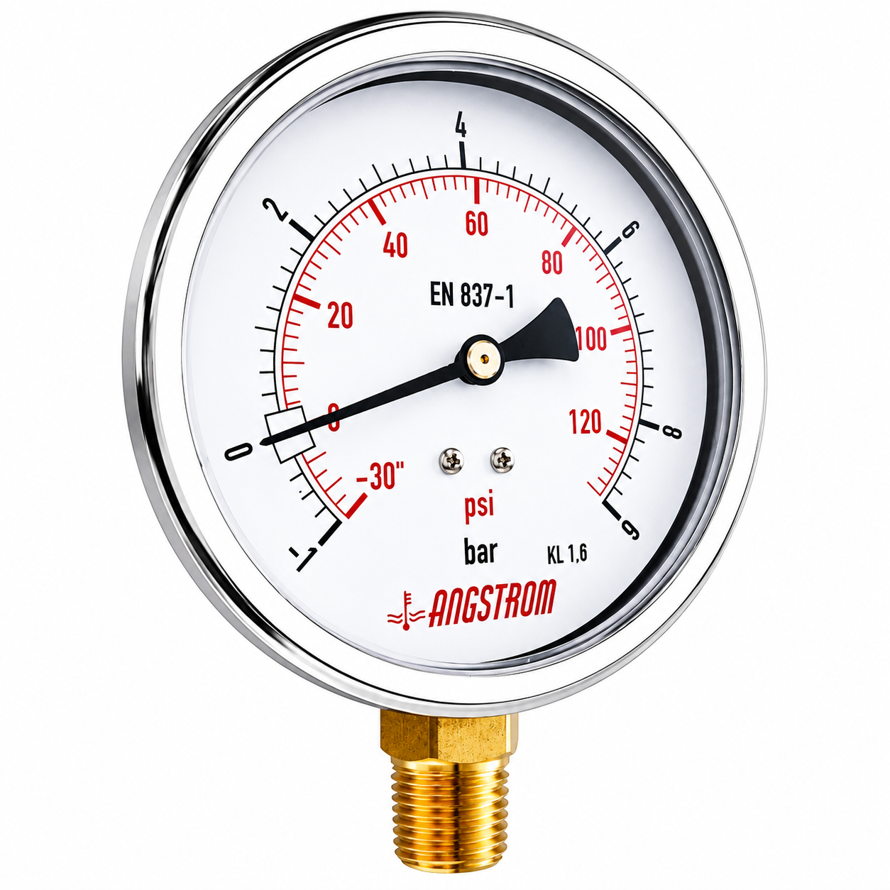 Angstrom compound pressure gauge, dial 100mm, lower mount, -1 to 9 bar on white background 