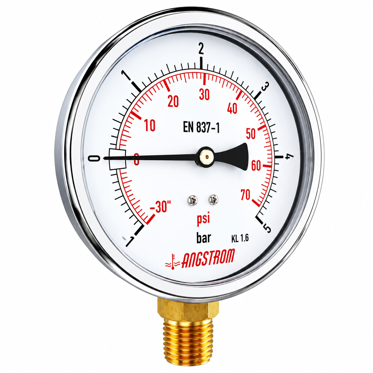 Angstrom compound pressure gauge, dial 100mm, lower mount, -1 to 5 bar on white background 