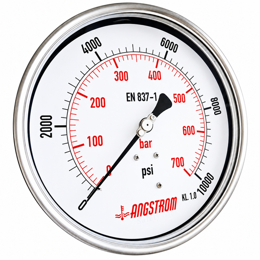 Angstrom Pressure Gauge Dial 160mm Pressure 10,000 psi lower back mount on white background