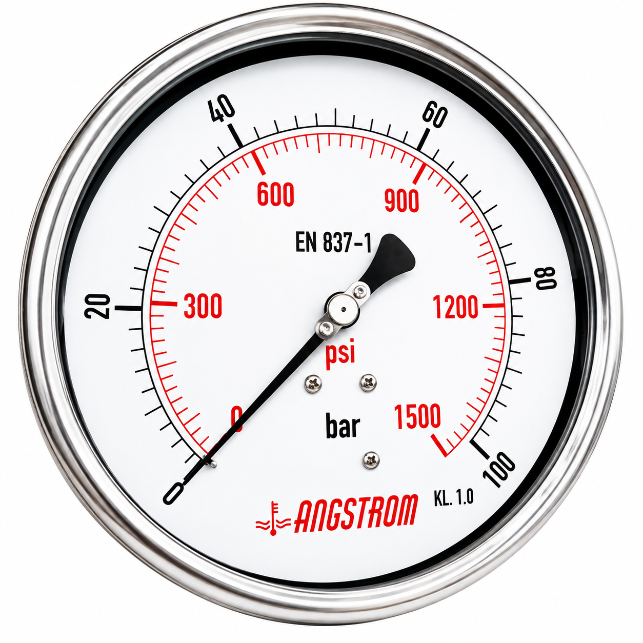Angstrom Pressure Gauge Dial 160mm Pressure 100 bar lower back mount on white background