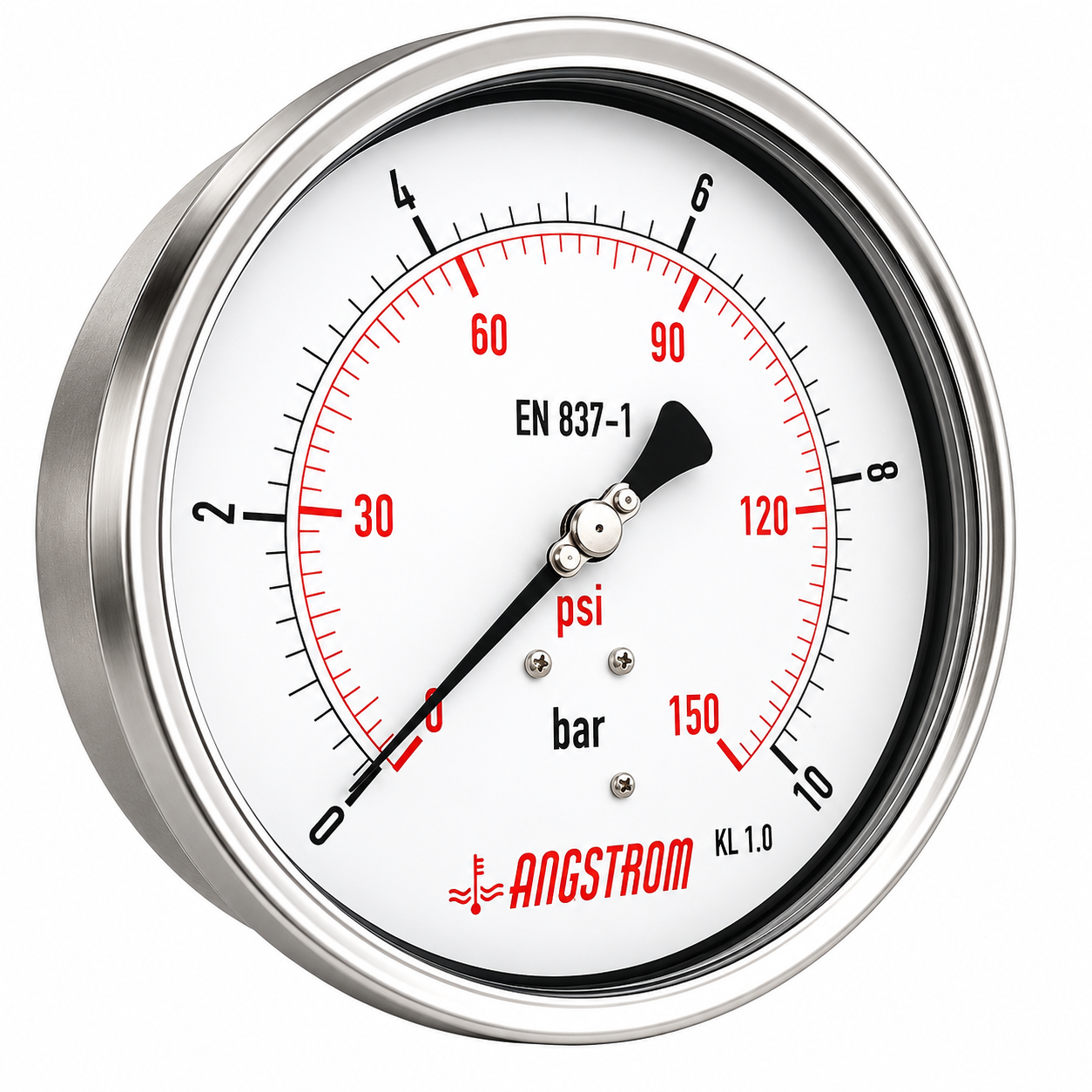 Angstrom Pressure Gauge Dial 160mm Pressure 10 bar lower back mount on white background