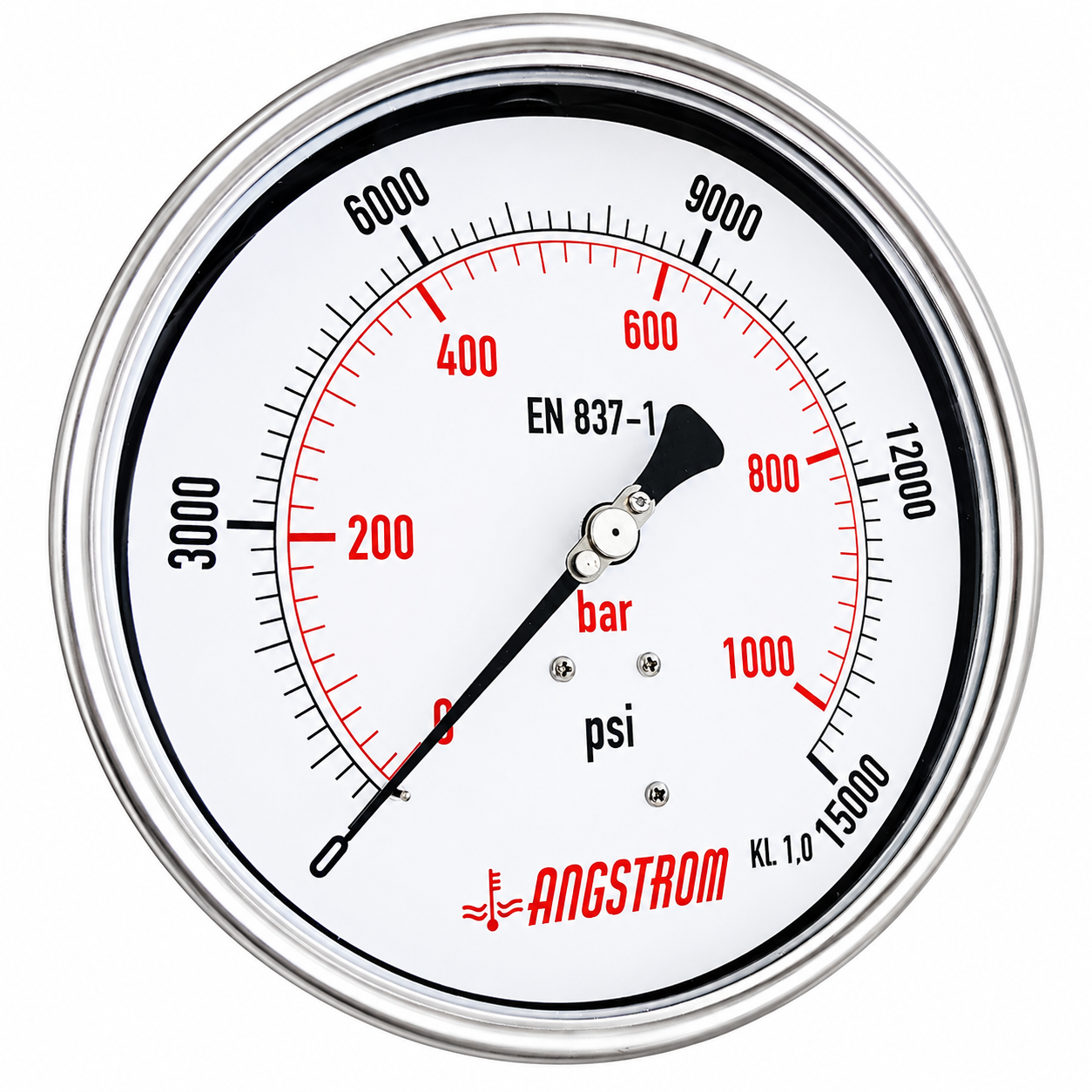 Angstrom Pressure Gauge Dial 160mm Pressure 15,000 psi lower back mount on white background