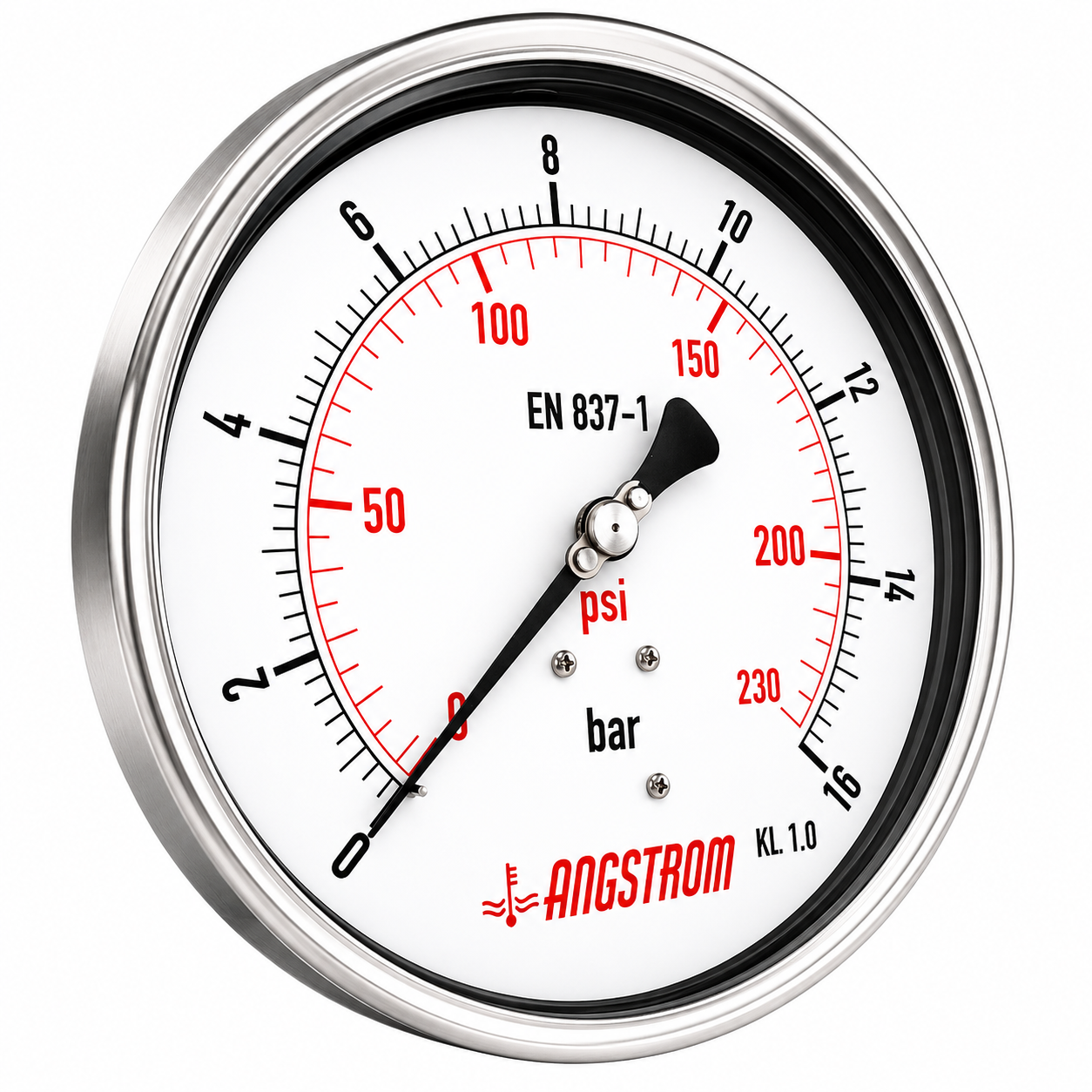 Angstrom Pressure Gauge Dial 160mm Pressure 16 bar lower back mount on white background