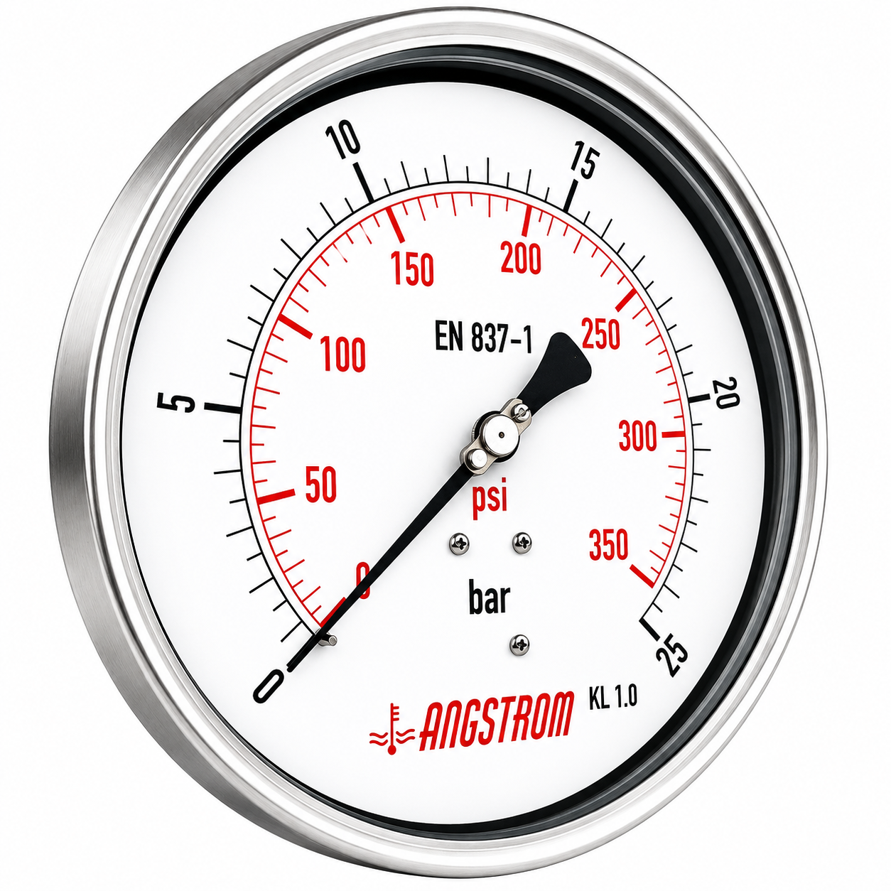 Angstrom Pressure Gauge Dial 160mm Pressure 25 bar lower back mount on white background