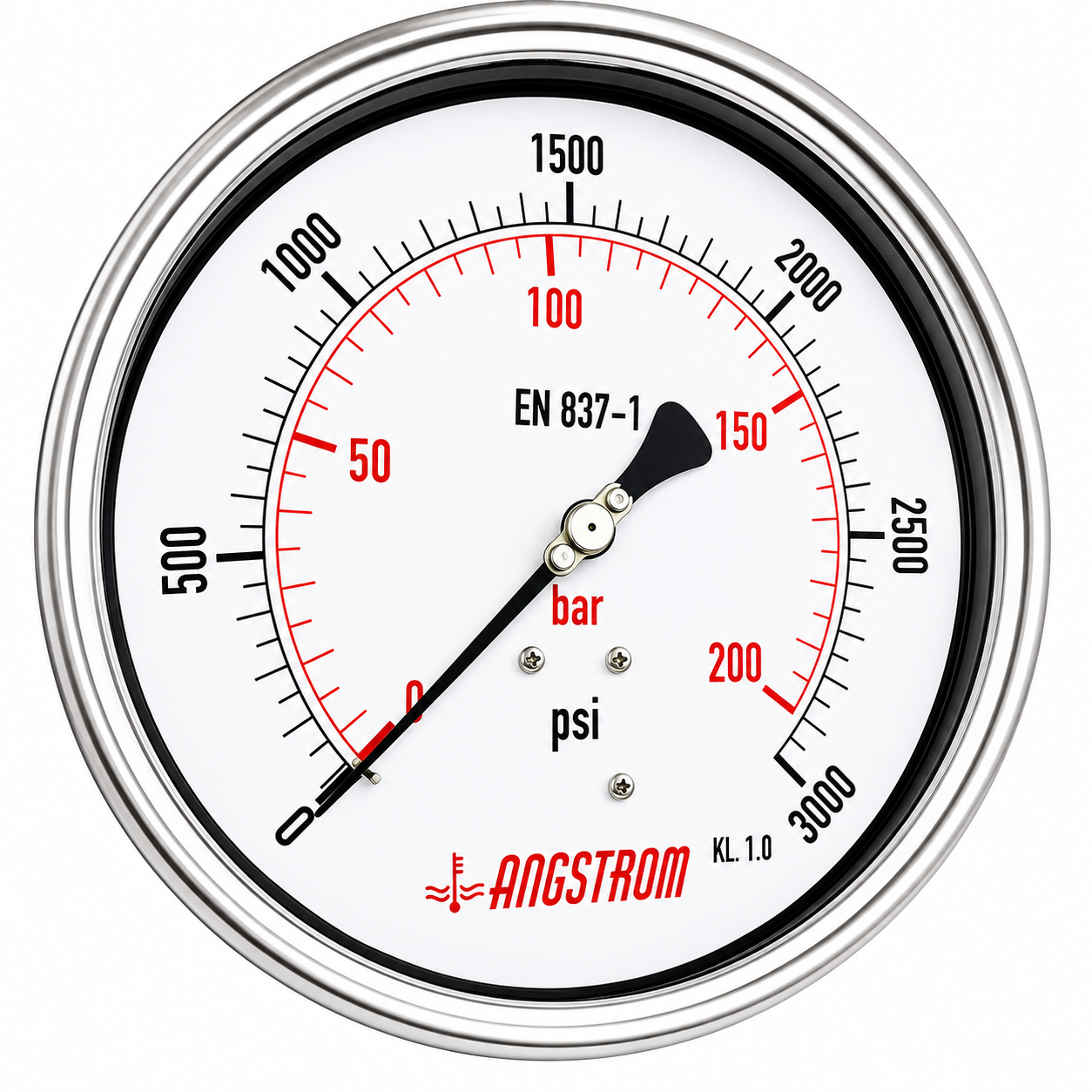 Angstrom Pressure Gauge Dial 160mm Pressure 3000 psi lower back mount on white background