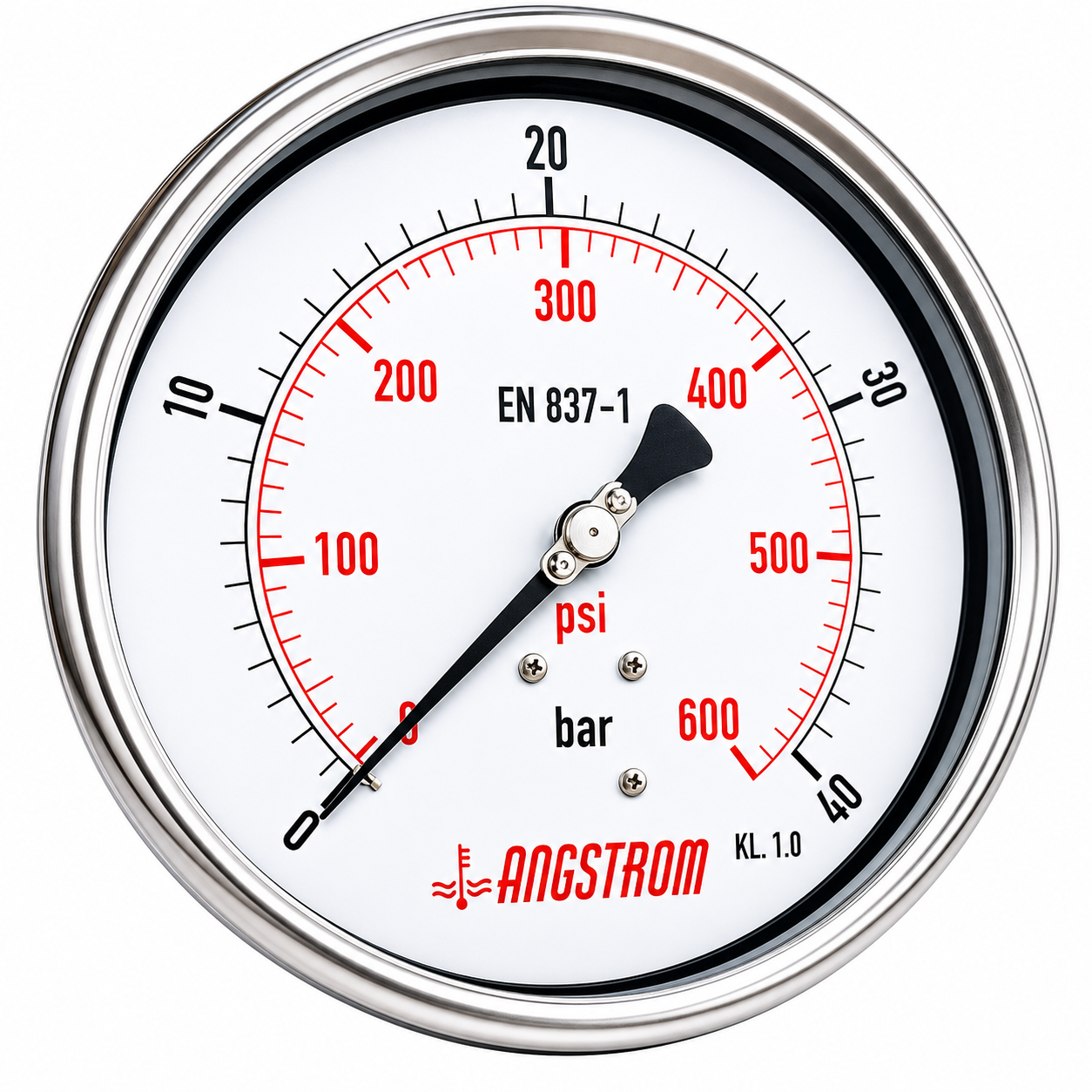 Angstrom Pressure Gauge Dial 160mm Pressure 40 bar lower back mount on white background