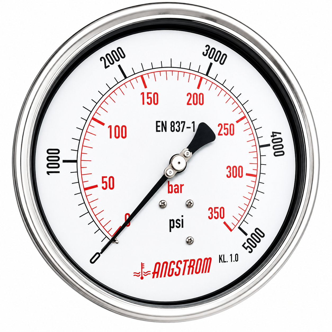 Angstrom Pressure Gauge Dial 160mm Pressure 5000 psi lower back mount on white background
