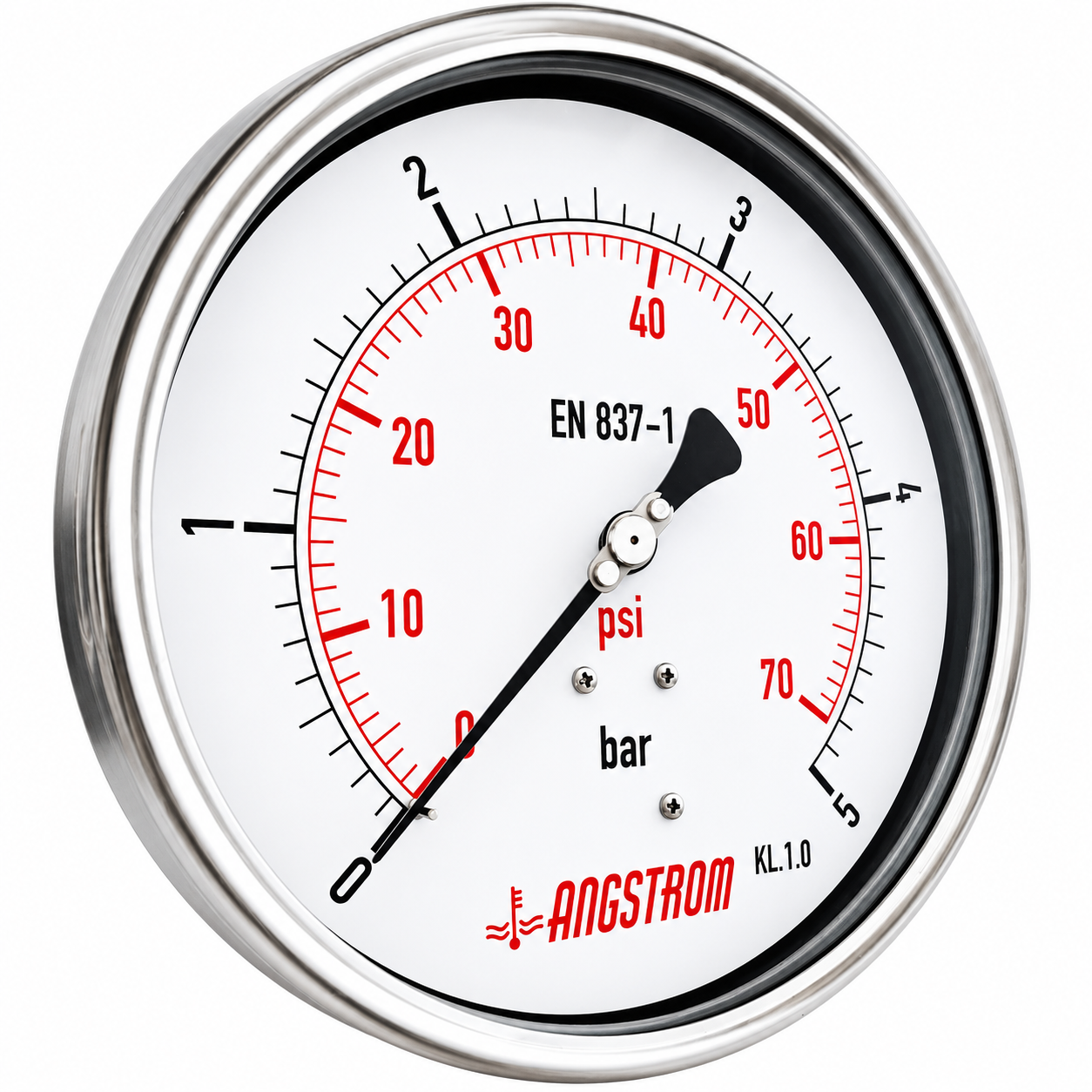 Angstrom Pressure Gauge Dial 160mm Pressure 5 bar lower back mount on white background