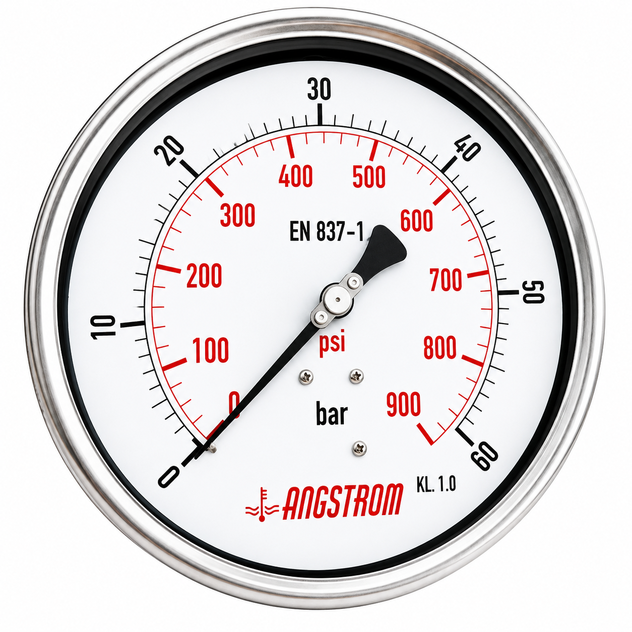 Angstrom Pressure Gauge Dial 160mm Pressure 60 bar lower back mount on white background