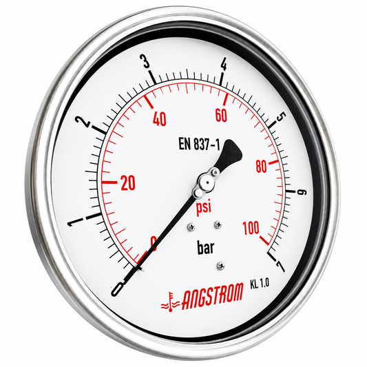 Angstrom Pressure Gauge Dial 160mm Pressure 7 bar lower back mount on white background
