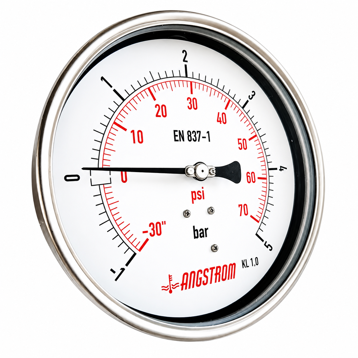 Angstrom Pressure Gauge Dial 160mm Pressure -1 bar to +5 bar lower back mount on white background