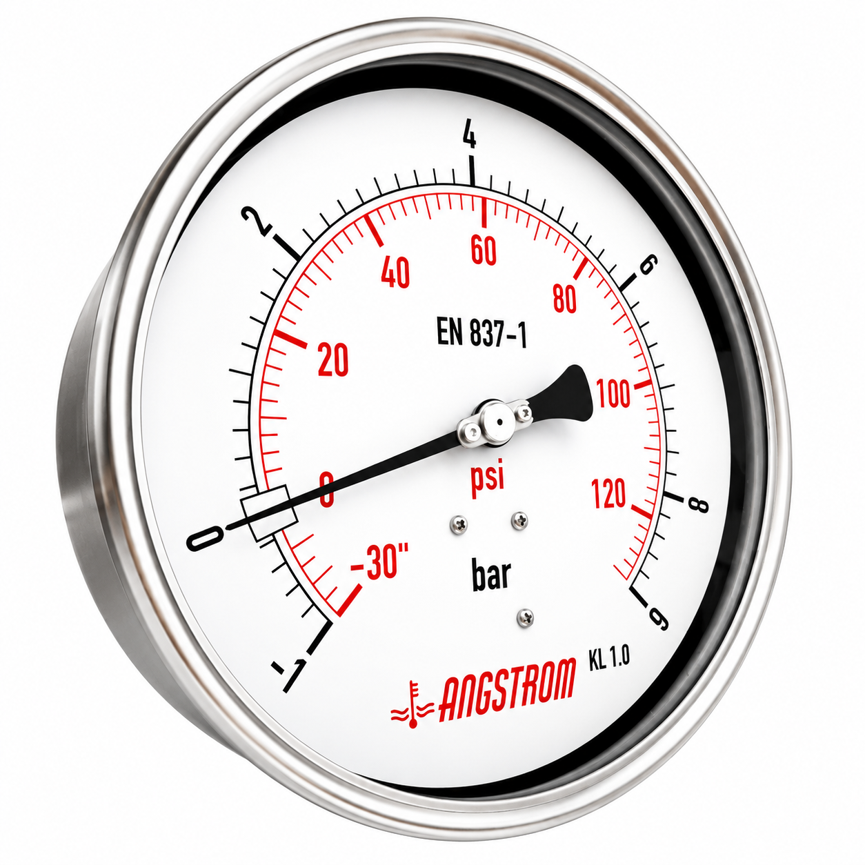 Angstrom Pressure Gauge Dial 160mm Pressure -1bar to +9 bar lower back mount on white background