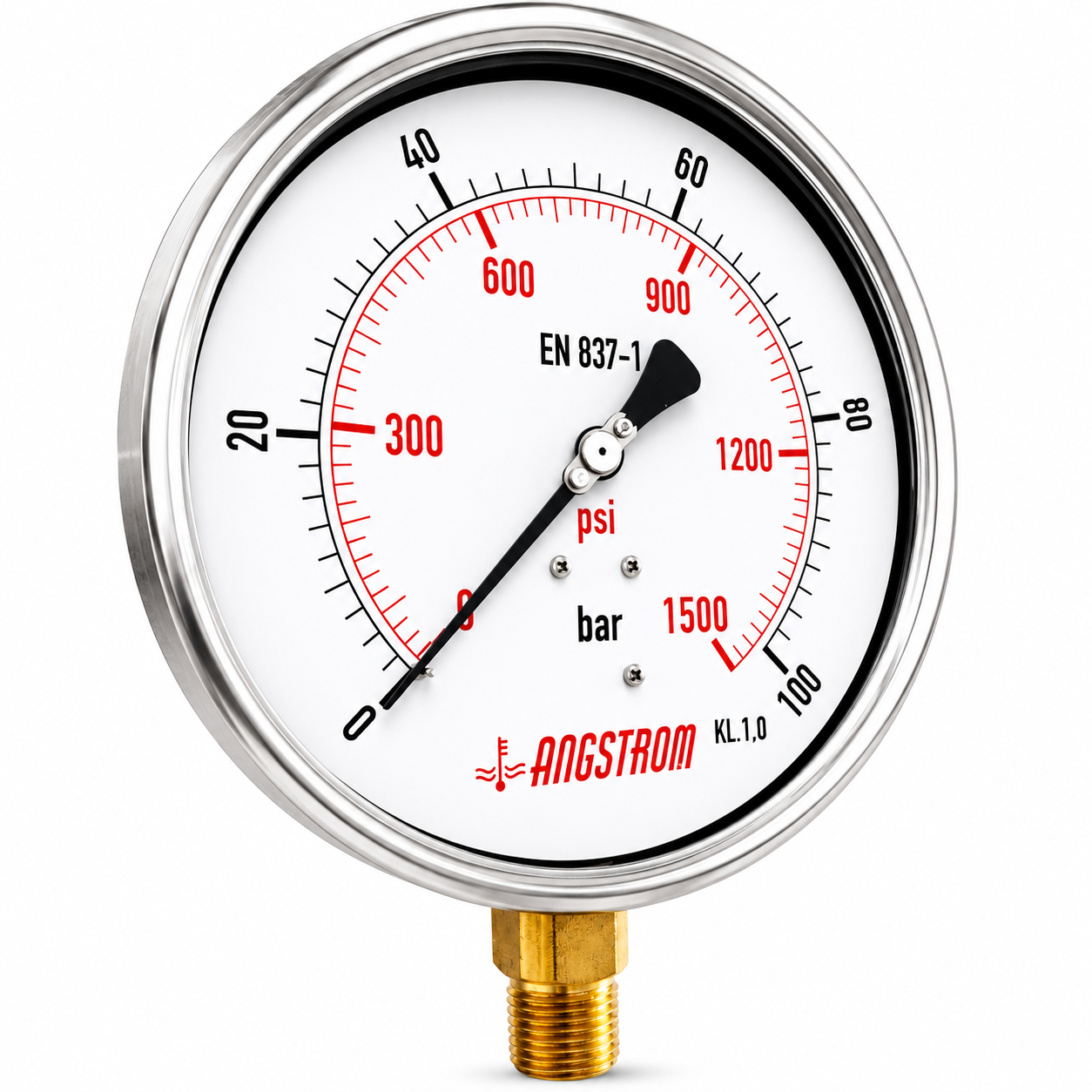 Angstrom Pressure Gauge Dial 160mm Pressure 100 bar lower mount on white background