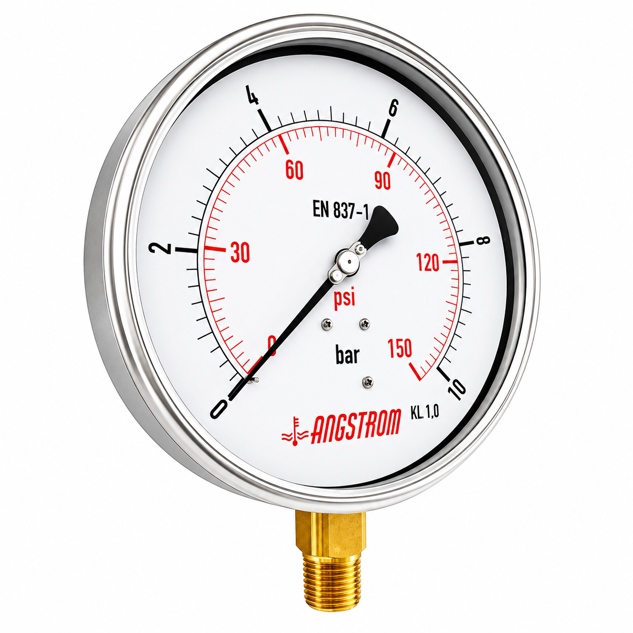 Angstrom Pressure Gauge Dial 160mm Pressure 10 bar lower mount on white background