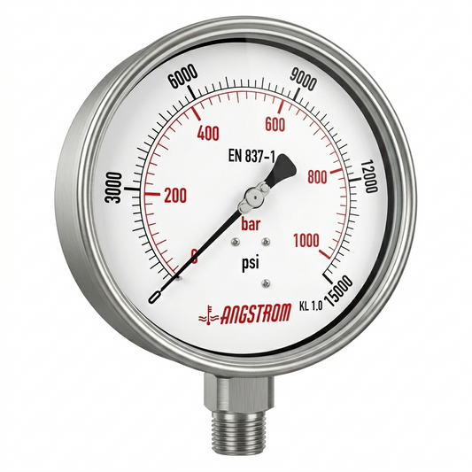 Angstrom Pressure Gauge Dial 160mm Pressure 15,000 psi lower mount on white background