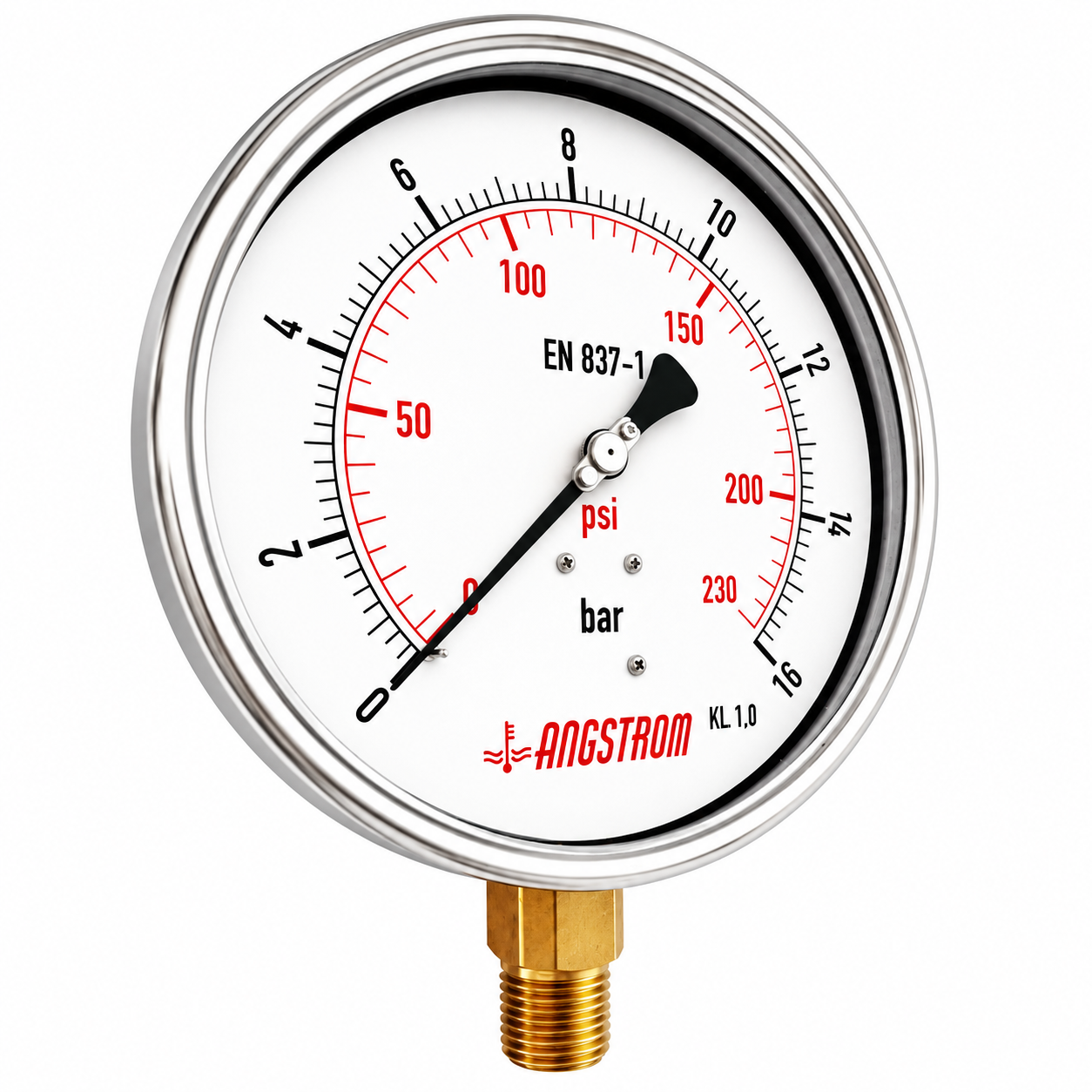 Angstrom Pressure Gauge Dial 160mm Pressure 16 bar lower mount on white background