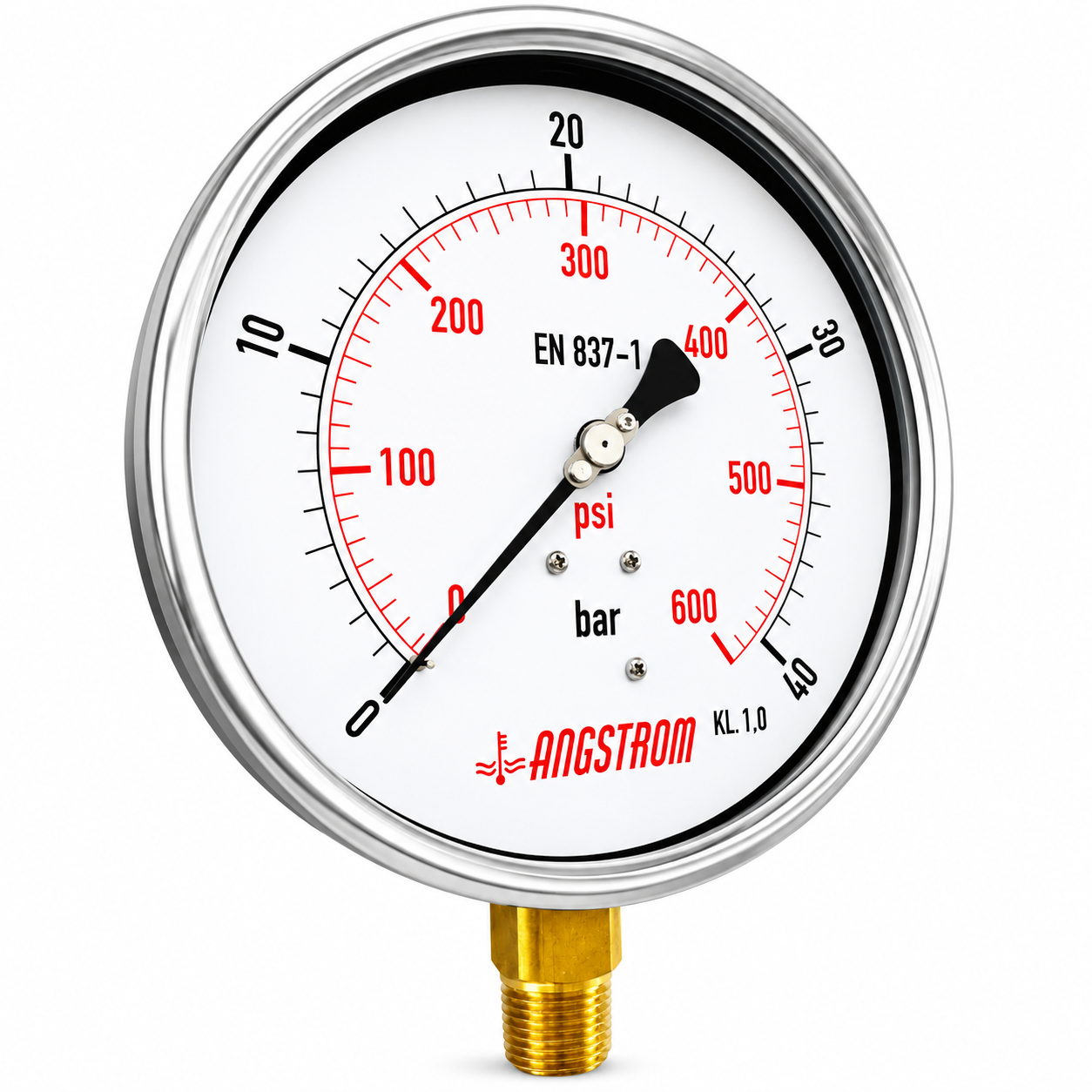 Angstrom Pressure Gauge Dial 160mm Pressure 40 bar lower mount on white background