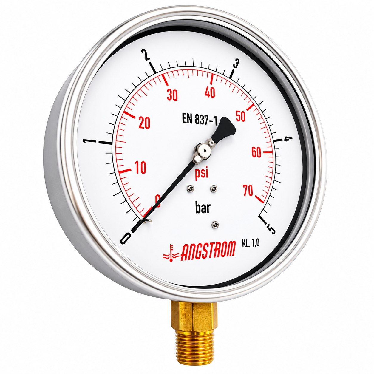 Angstrom Pressure Gauge Dial 160mm Pressure 5 bar lower mount on white background