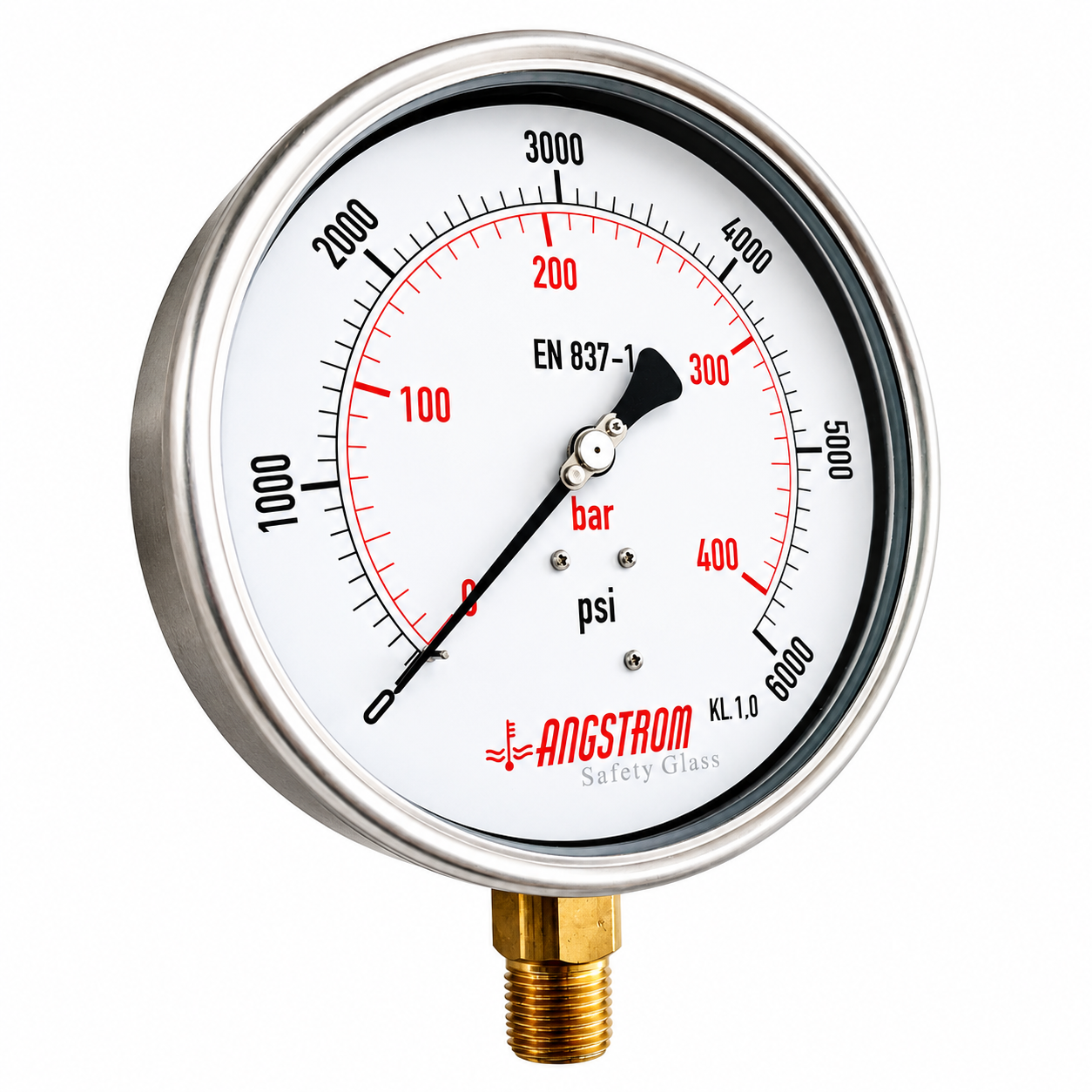 Angstrom Pressure Gauge Dial 160mm Pressure 6000 psi lower mount on white background