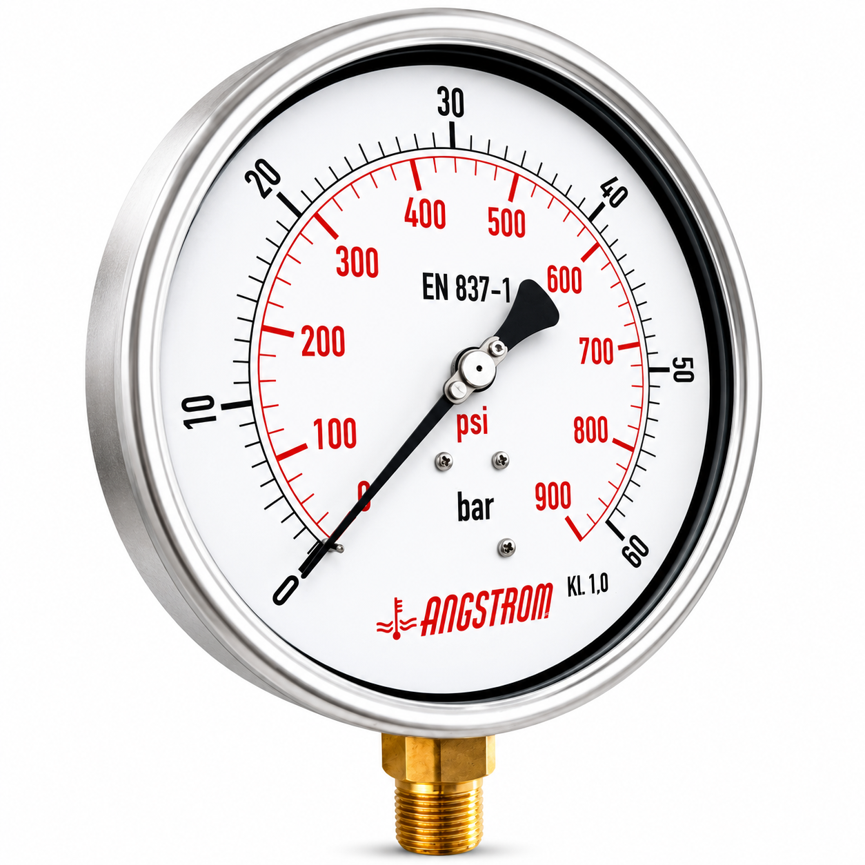 Angstrom Pressure Gauge Dial 160mm Pressure 60 bar lower mount on white background
