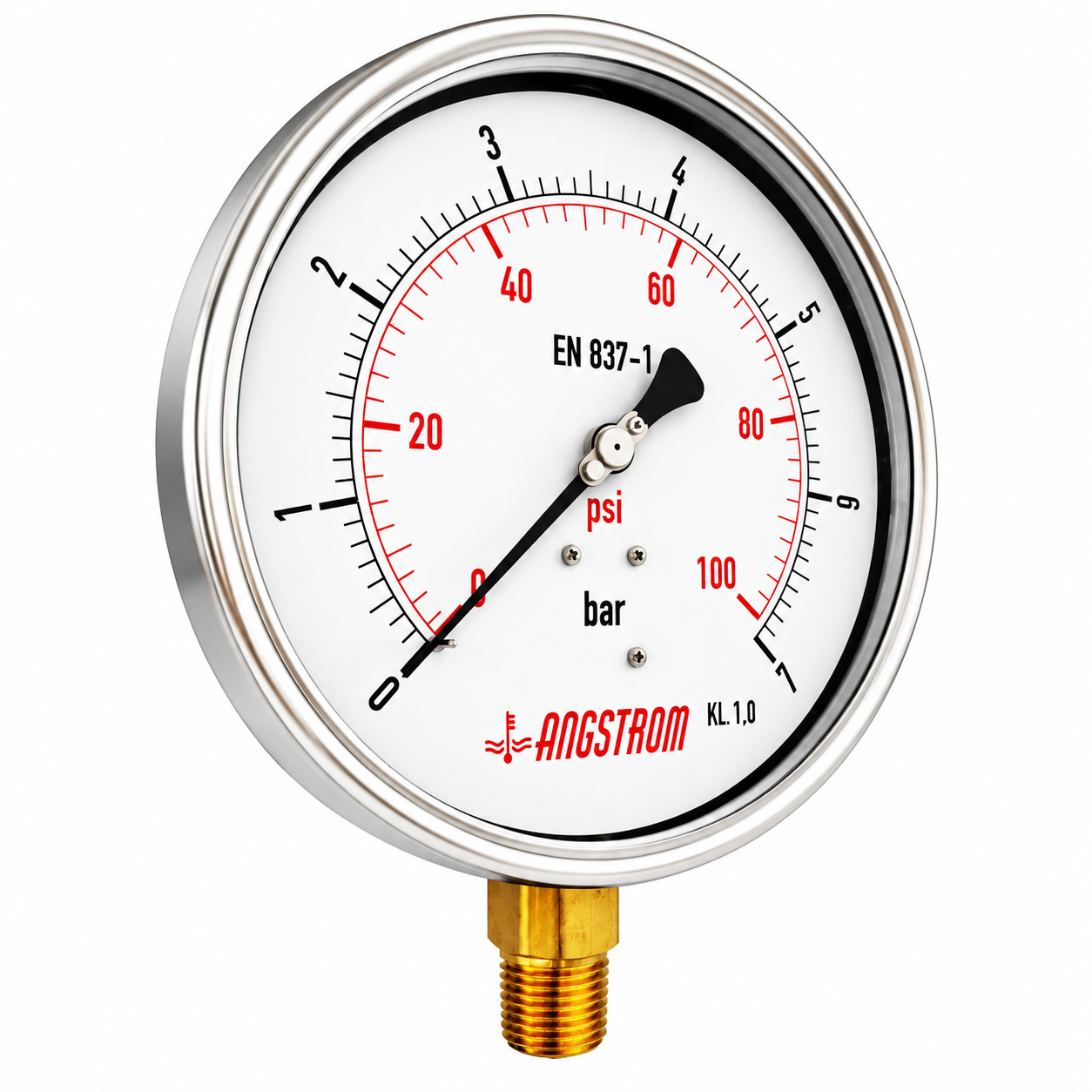 Angstrom Pressure Gauge Dial 160mm Pressure 7 bar lower mount on white background